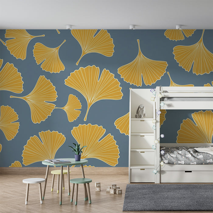 Papier peint chambre bébé | Feuilles de ginkgo dorées sur fond bleu