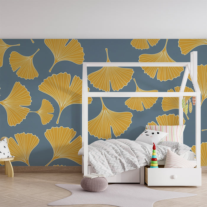 Papier peint chambre bébé | Feuilles de ginkgo dorées sur fond bleu