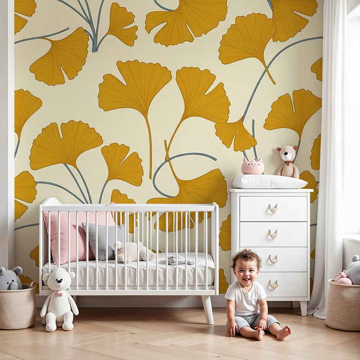 Papier peint chambre bébé | Feuilles de ginkgo dorées sur fond crème