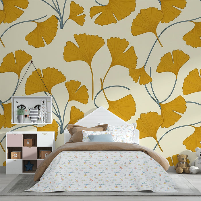 Papier peint chambre bébé | Feuilles de ginkgo dorées sur fond crème
