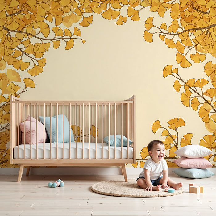 Papel de parede para quarto de bebé | Folhas de ginkgo douradas sobre fundo suave