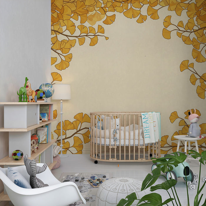 Papel de parede para quarto de bebé | Folhas de ginkgo douradas sobre fundo suave