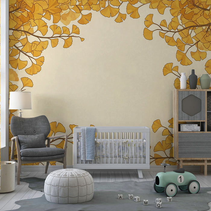 Papel de parede para quarto de bebé | Folhas de ginkgo douradas sobre fundo suave