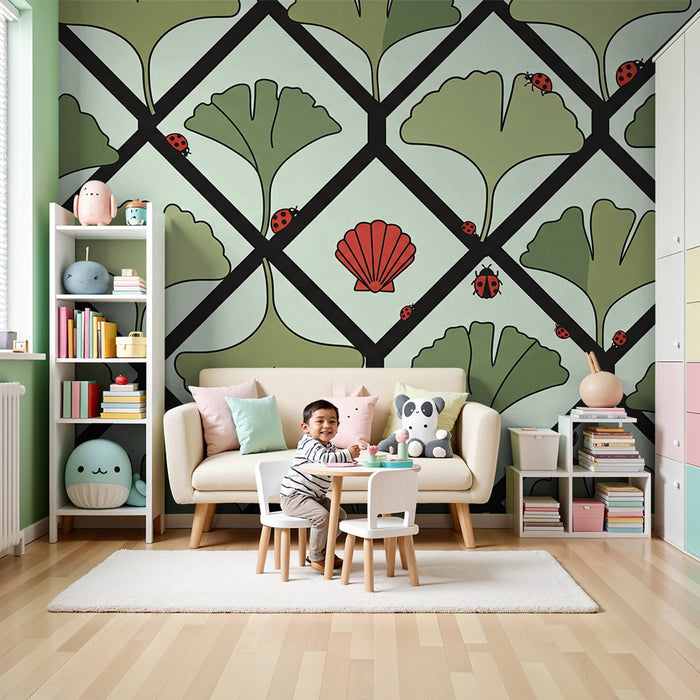 Papel de parede para quarto de bebé | Folhas de ginkgo e joaninhas sobre fundo pastel