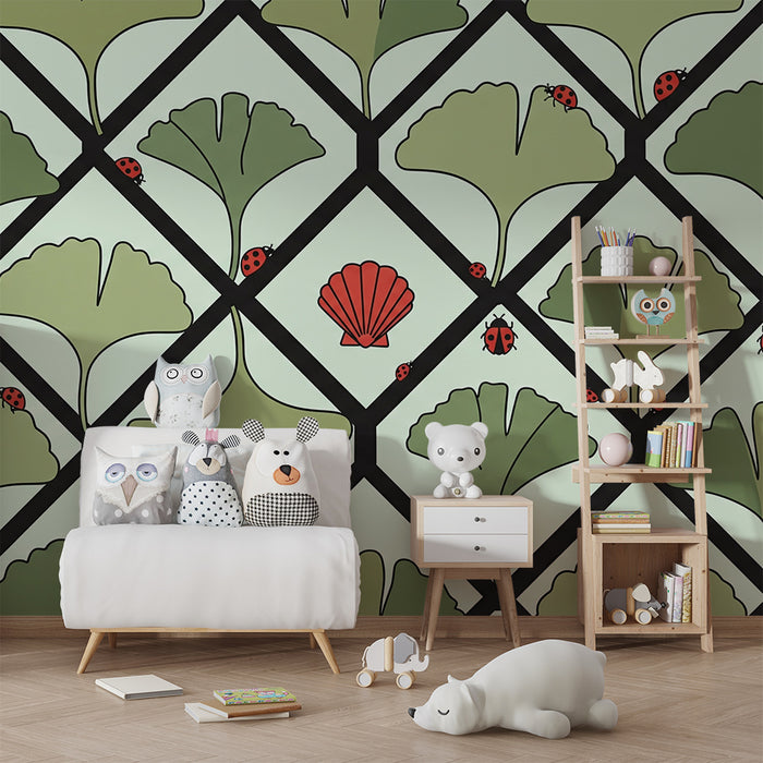 Papel de parede para quarto de bebé | Folhas de ginkgo e joaninhas sobre fundo pastel