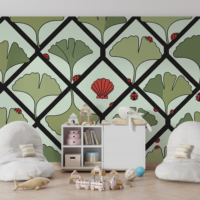 Papel de parede para quarto de bebé | Folhas de ginkgo e joaninhas sobre fundo pastel