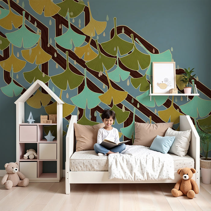 Babykamer behang | Ginkgoblaadjes en regen op een rustige blauwe achtergrond