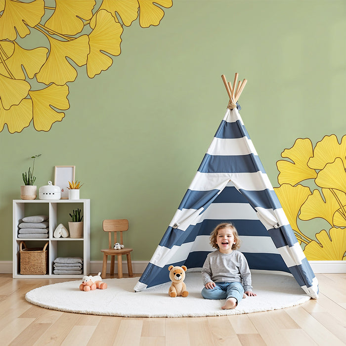 Papel de parede para quarto de bebé | Folhas de ginkgo amarelas sobre fundo verde suave