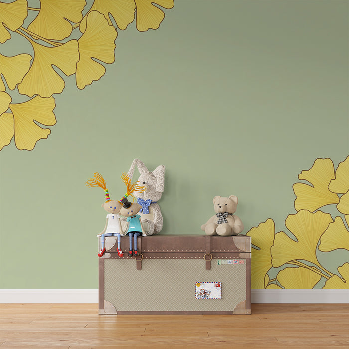 Papel de parede para quarto de bebé | Folhas de ginkgo amarelas sobre fundo verde suave
