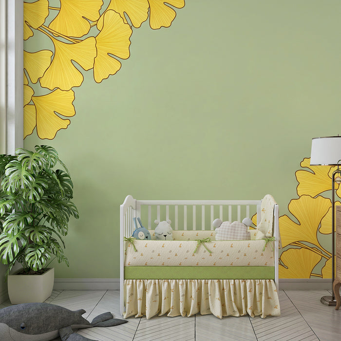 Papel de parede para quarto de bebé | Folhas de ginkgo amarelas sobre fundo verde suave