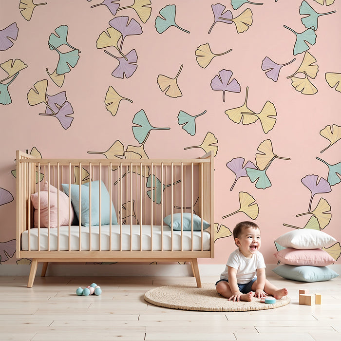 Babyromspapir | Pastellgrønne ginkgoblader på rosa bakgrunn
