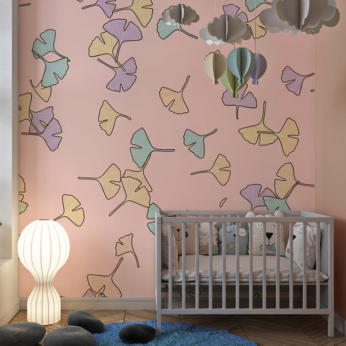 Babyromspapir | Pastellgrønne ginkgoblader på rosa bakgrunn
