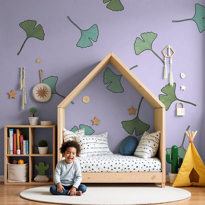 Papel de parede para quarto de bebé | Folhas de ginkgo sobre fundo pastel
