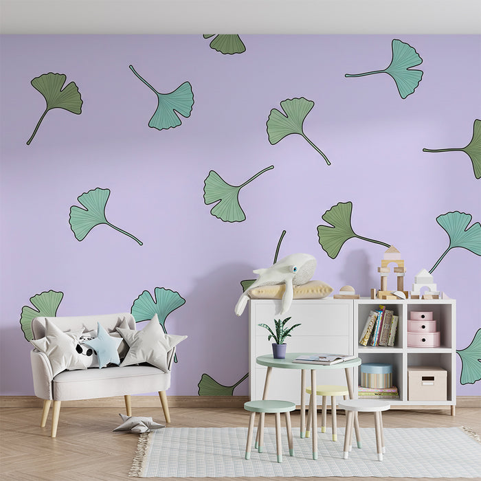 Papel de parede para quarto de bebé | Folhas de ginkgo sobre fundo pastel