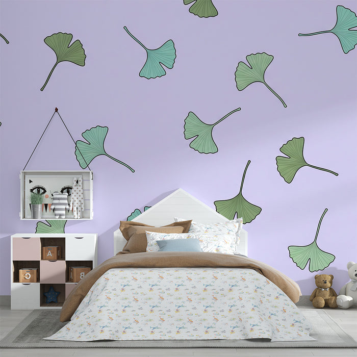 Papel de parede para quarto de bebé | Folhas de ginkgo sobre fundo pastel