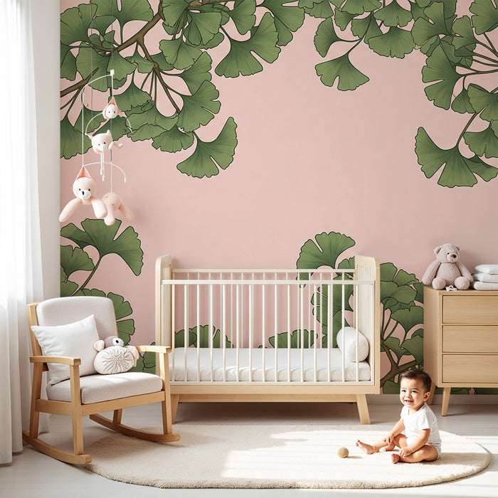 Papel de parede para quarto de bebé | Folhas de ginkgo sobre fundo rosa suave