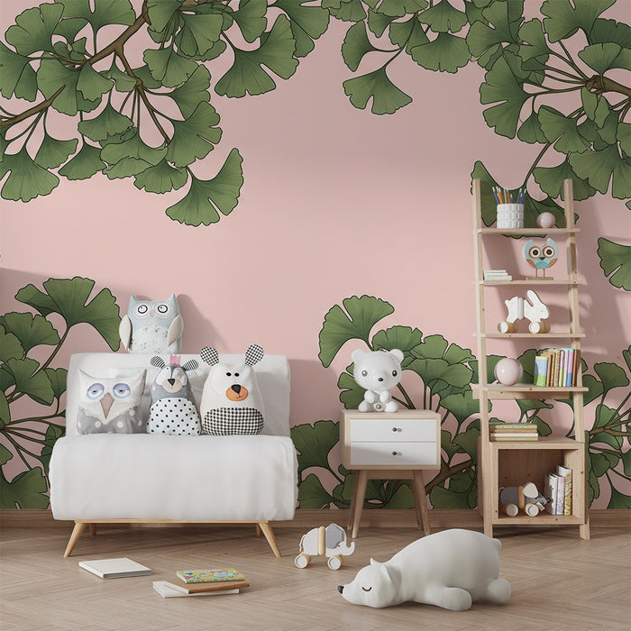 Papel de parede para quarto de bebé | Folhas de ginkgo sobre fundo rosa suave