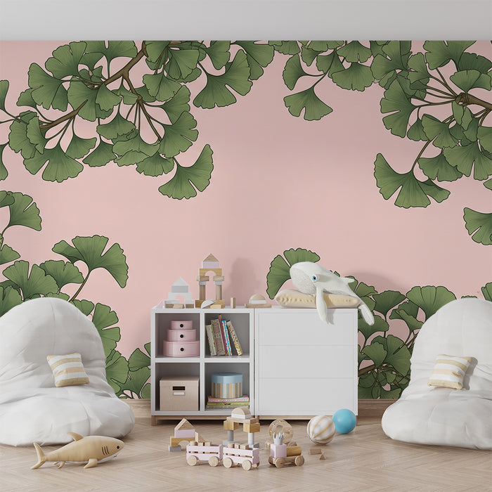 Papel de parede para quarto de bebé | Folhas de ginkgo sobre fundo rosa suave