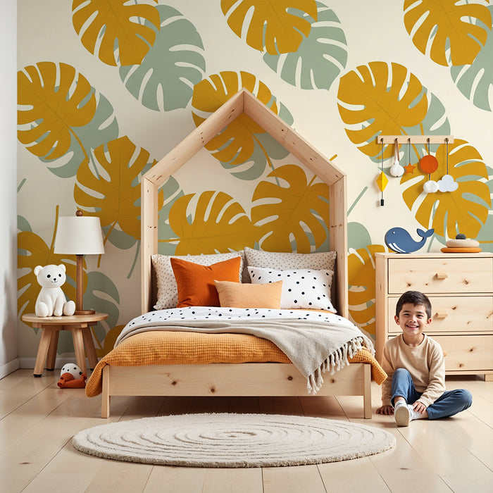 Papel de parede para quarto de bebé | Folhas de monstera em amarelo e verde sobre fundo creme