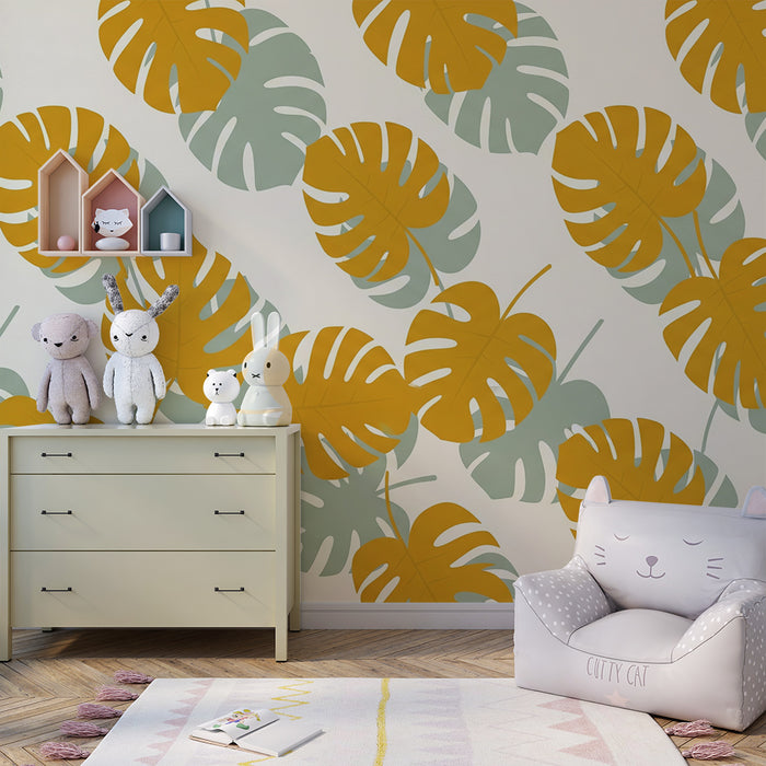 Papel de parede para quarto de bebé | Folhas de monstera em amarelo e verde sobre fundo creme