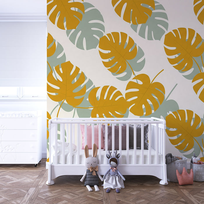 Papel de parede para quarto de bebé | Folhas de monstera em amarelo e verde sobre fundo creme