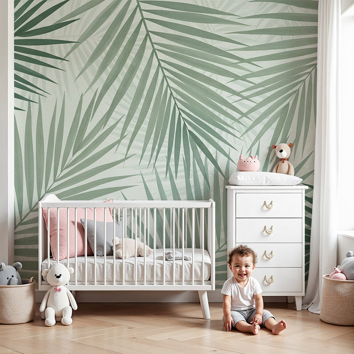 Barntapet | Palmblad i mjuka gröna toner