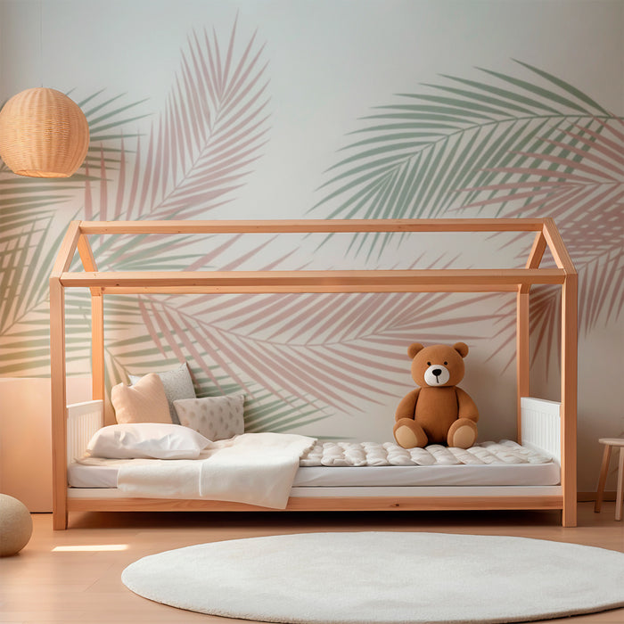 Barntapet | Delikata palmblad i rosa och grönt på mjuk bakgrund