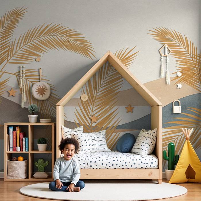 Papier peint chambre bébé | Feuilles de palmier et collines aux teintes douces