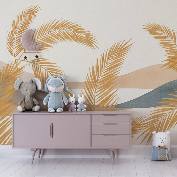 Papier peint chambre bébé | Feuilles de palmier et collines aux teintes douces