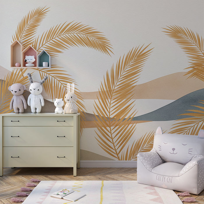 Papier peint chambre bébé | Feuilles de palmier et collines aux teintes douces