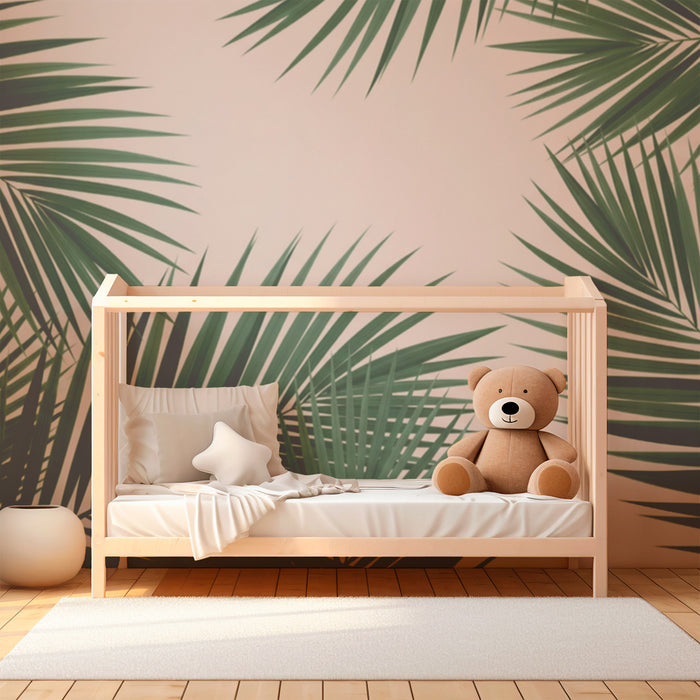 Papel de parede para quarto de bebé | Folhas de palmeira sobre fundo rosa suave