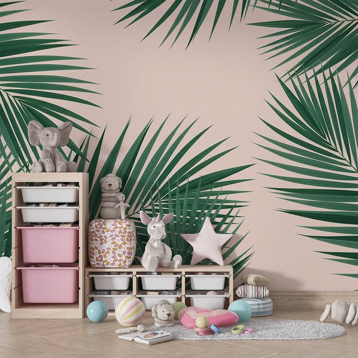 Papel de parede para quarto de bebé | Folhas de palmeira sobre fundo rosa suave