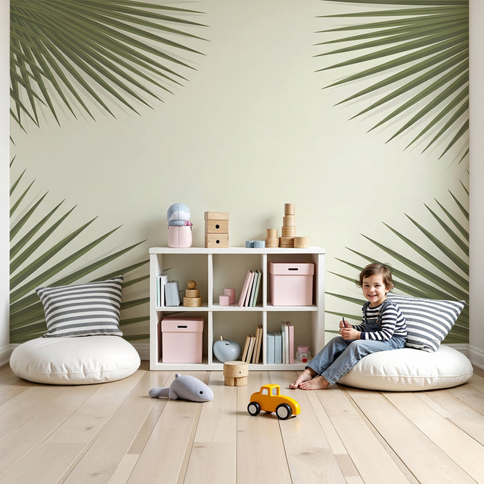 Papel de parede para quarto de bebé | Folhas de palmeira verdes sobre fundo suave