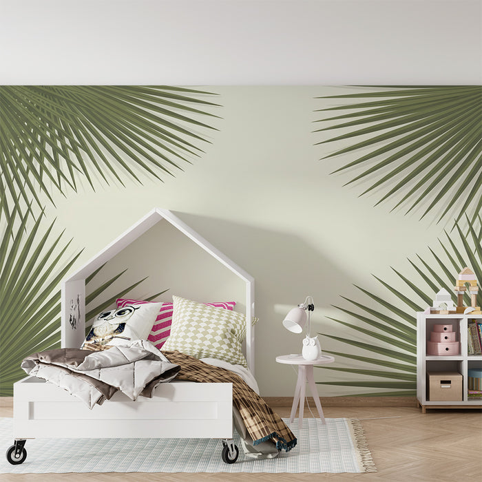 Papel de parede para quarto de bebé | Folhas de palmeira verdes sobre fundo suave