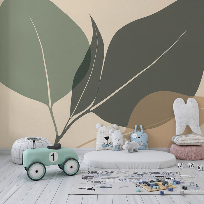 Papel de parede para quarto de bebé | Folhas delicadas em tons suaves sobre fundo neutro
