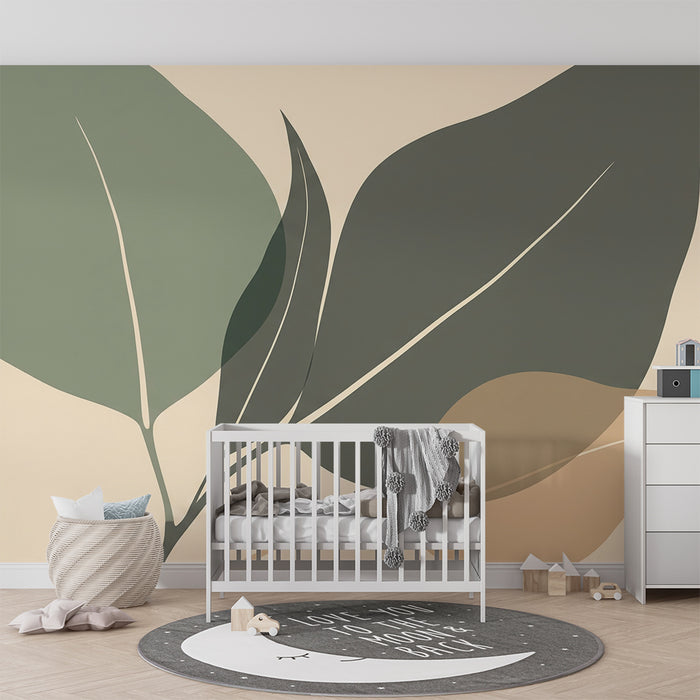 Papel de parede para quarto de bebé | Folhas delicadas em tons suaves sobre fundo neutro