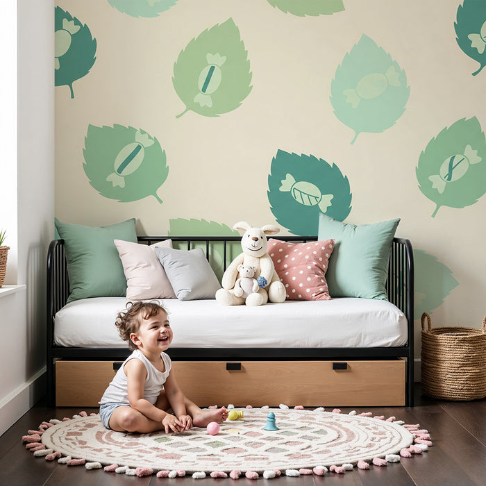 Nursery wallpaper | Delicate leaves with colorful candies