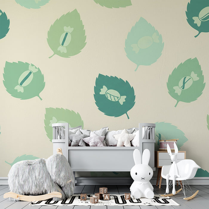 Nursery wallpaper | Delicate leaves with colorful candies