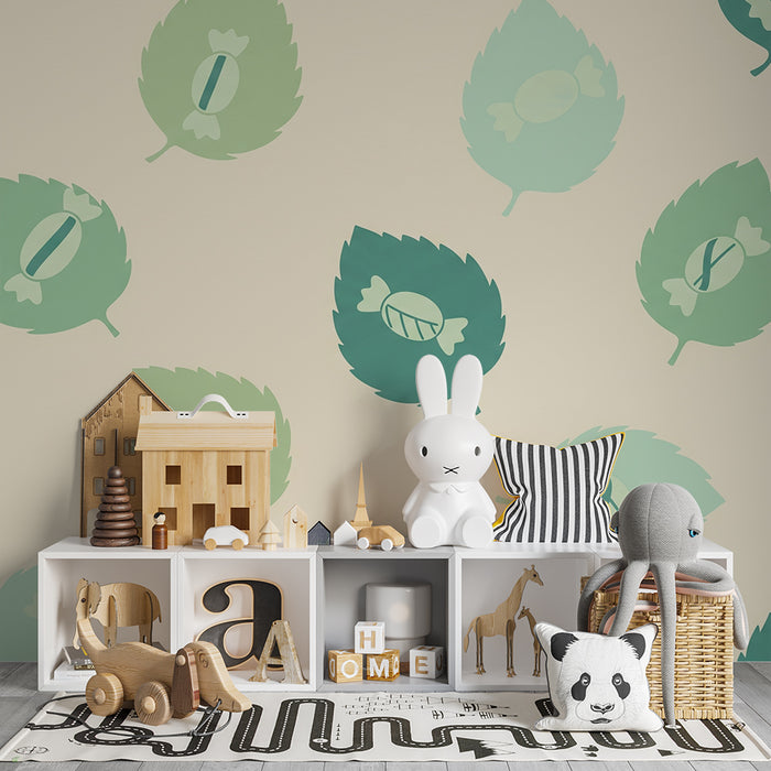 Nursery wallpaper | Delicate leaves with colorful candies