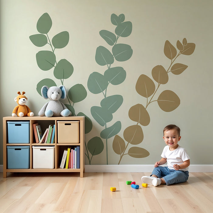 Papel de parede para quarto de bebé | Folhas delicadas em tons suaves