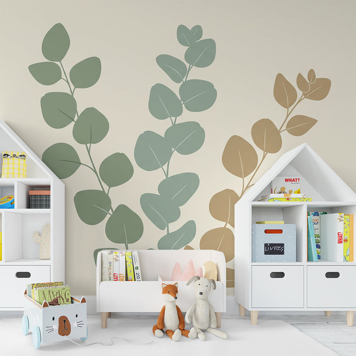 Papel de parede para quarto de bebé | Folhas delicadas em tons suaves