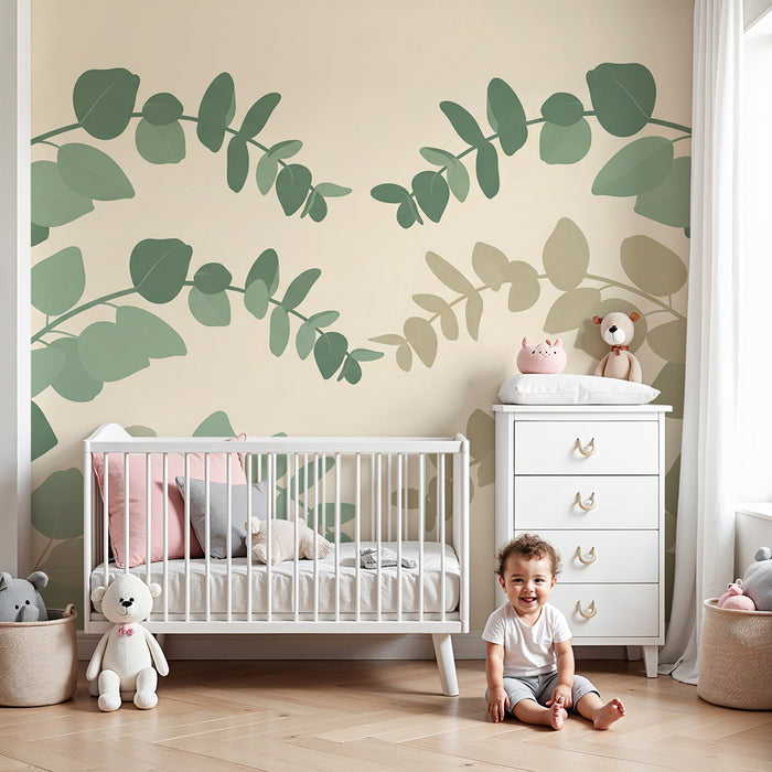 Papel de parede para quarto de bebé | Folhas delicadas em tons suaves de verde e bege