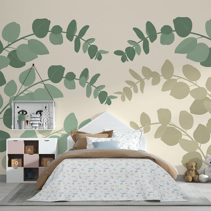 Papel de parede para quarto de bebé | Folhas delicadas em tons suaves de verde e bege