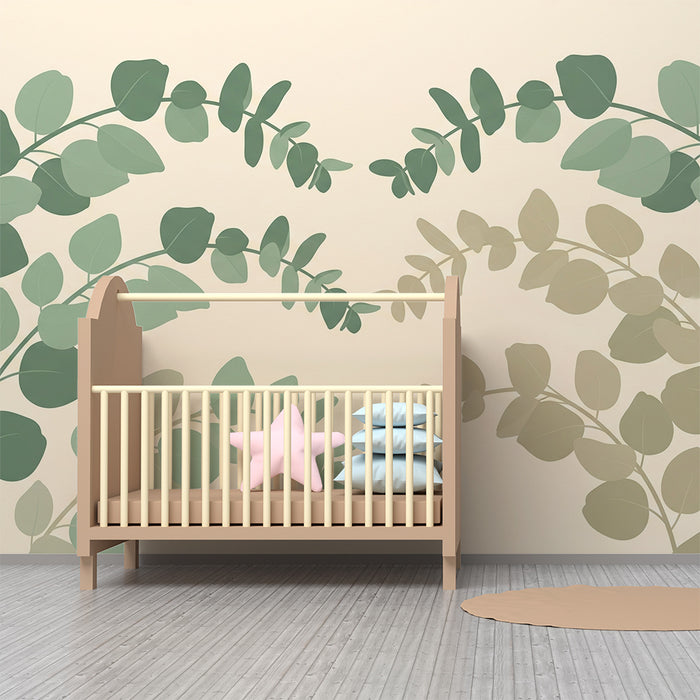 Papel de parede para quarto de bebé | Folhas delicadas em tons suaves de verde e bege