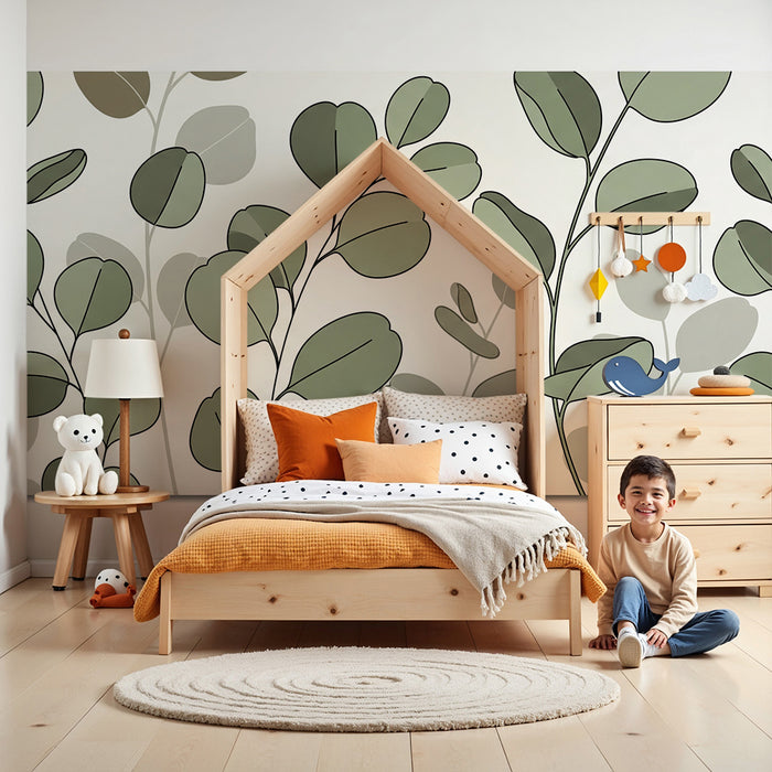 Papel de parede para quarto de bebé | Folhas delicadas em tons de verde sobre fundo claro