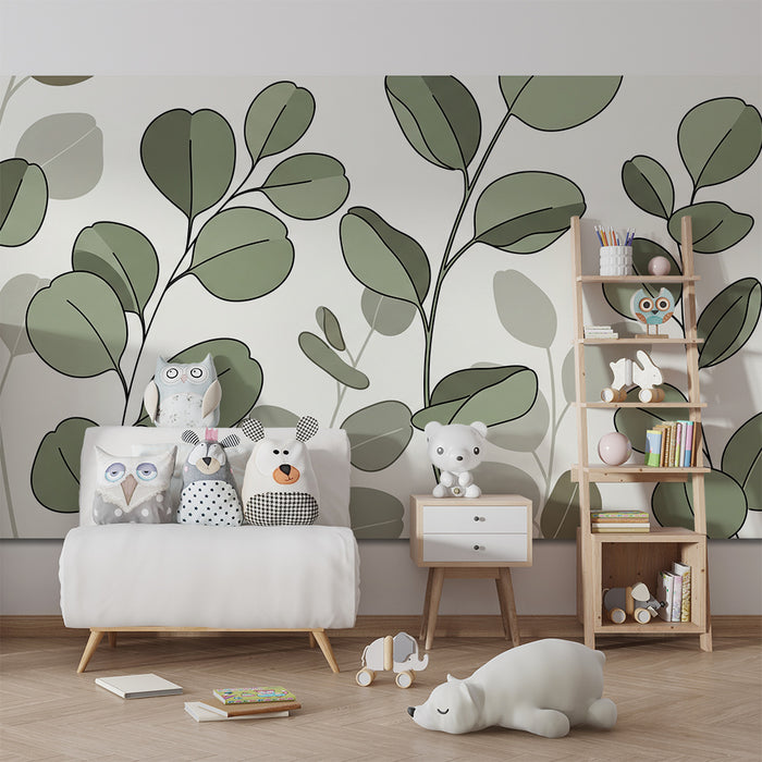 Papel de parede para quarto de bebé | Folhas delicadas em tons de verde sobre fundo claro