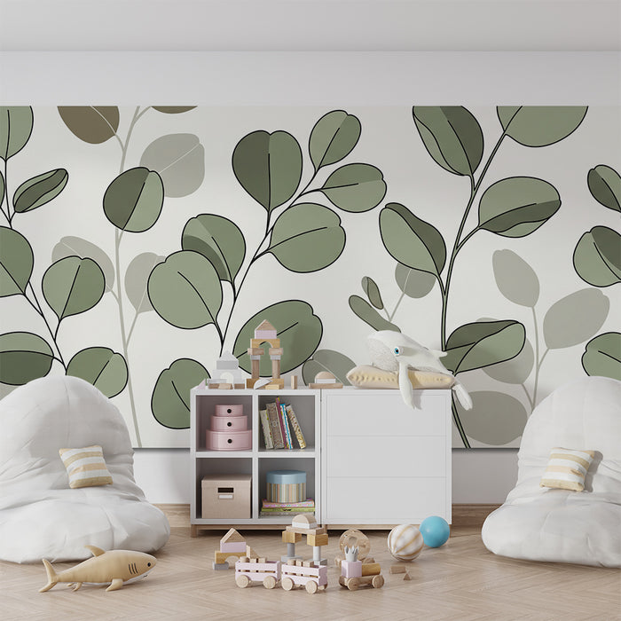 Papel de parede para quarto de bebé | Folhas delicadas em tons de verde sobre fundo claro
