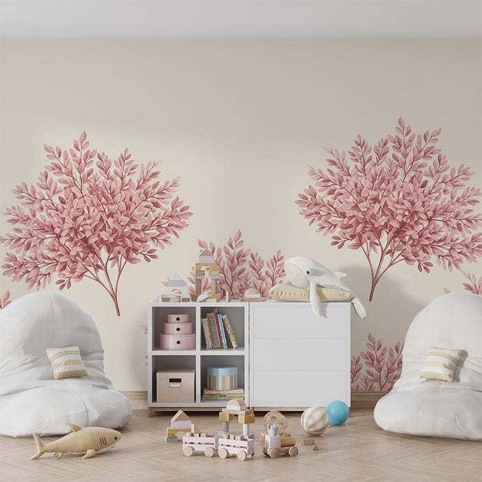 Tapet za detska staia | Delikatni listove v roze na kremavo fon