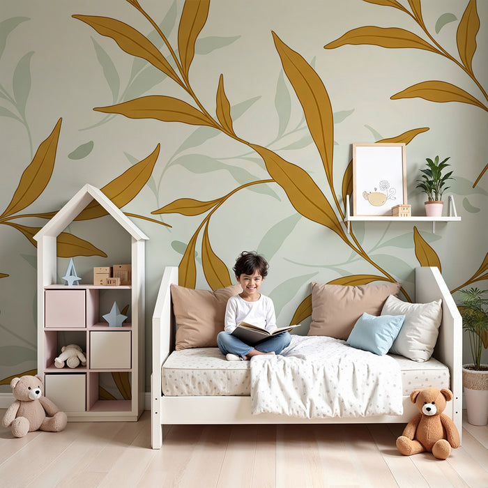 Papier peint chambre bébé | Feuilles délicates en tons dorés et verts sur fond clair