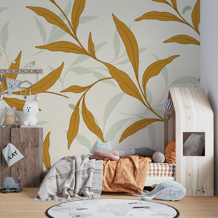 Papier peint chambre bébé | Feuilles délicates en tons dorés et verts sur fond clair